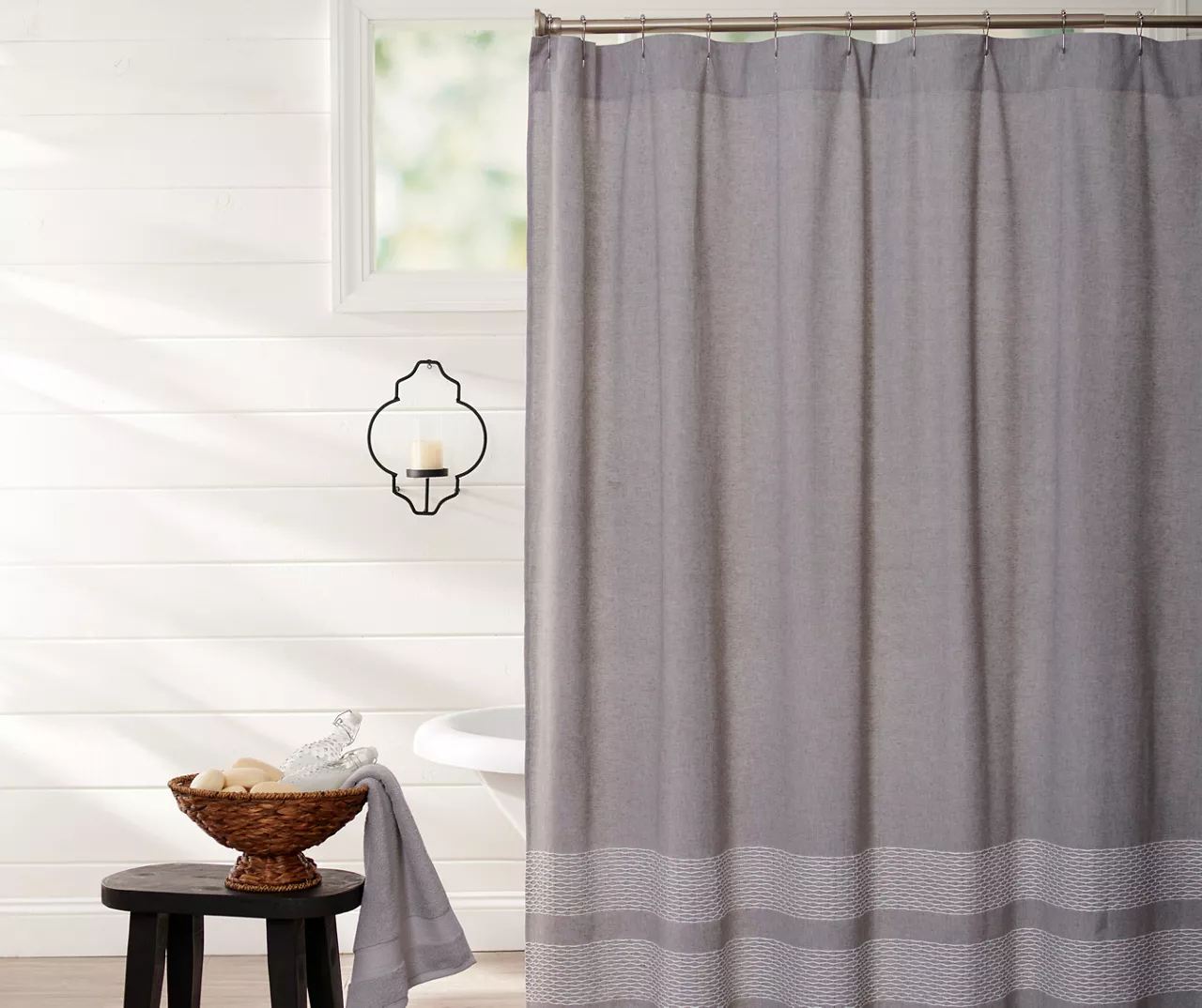Frost Gray & White Trim Fabric Shower Curtain 1 Frost Gray & White Trim Fabric Shower Curtain