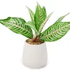 Green Artificial Leafy Arrangement With White Ridged Ceramic Pot