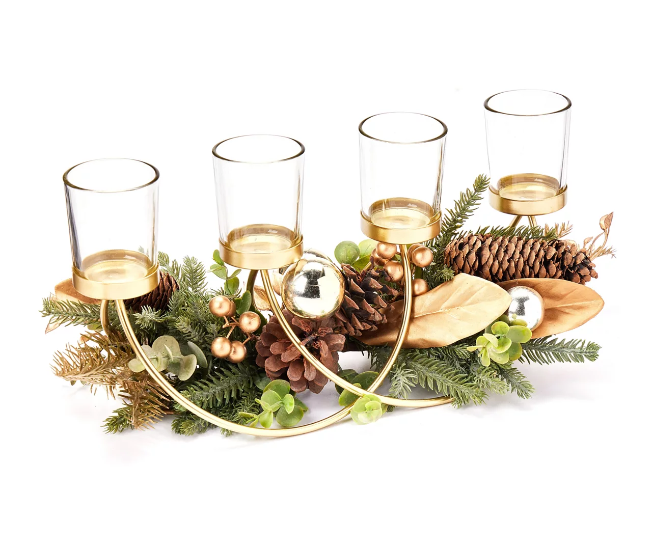 Festive Gathering Gold 4-Tier LED Votive Candle Centerpiece With Pine, Leaves And Berries 2 Festive Gathering Gold 4-Tier LED Votive Candle Centerpiece With Pine, Leaves And Berries - Image 2