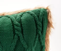 Green Cable-Knit Faux Fur-Trim Throw Pillow -Broyhill 810616930 A8 1