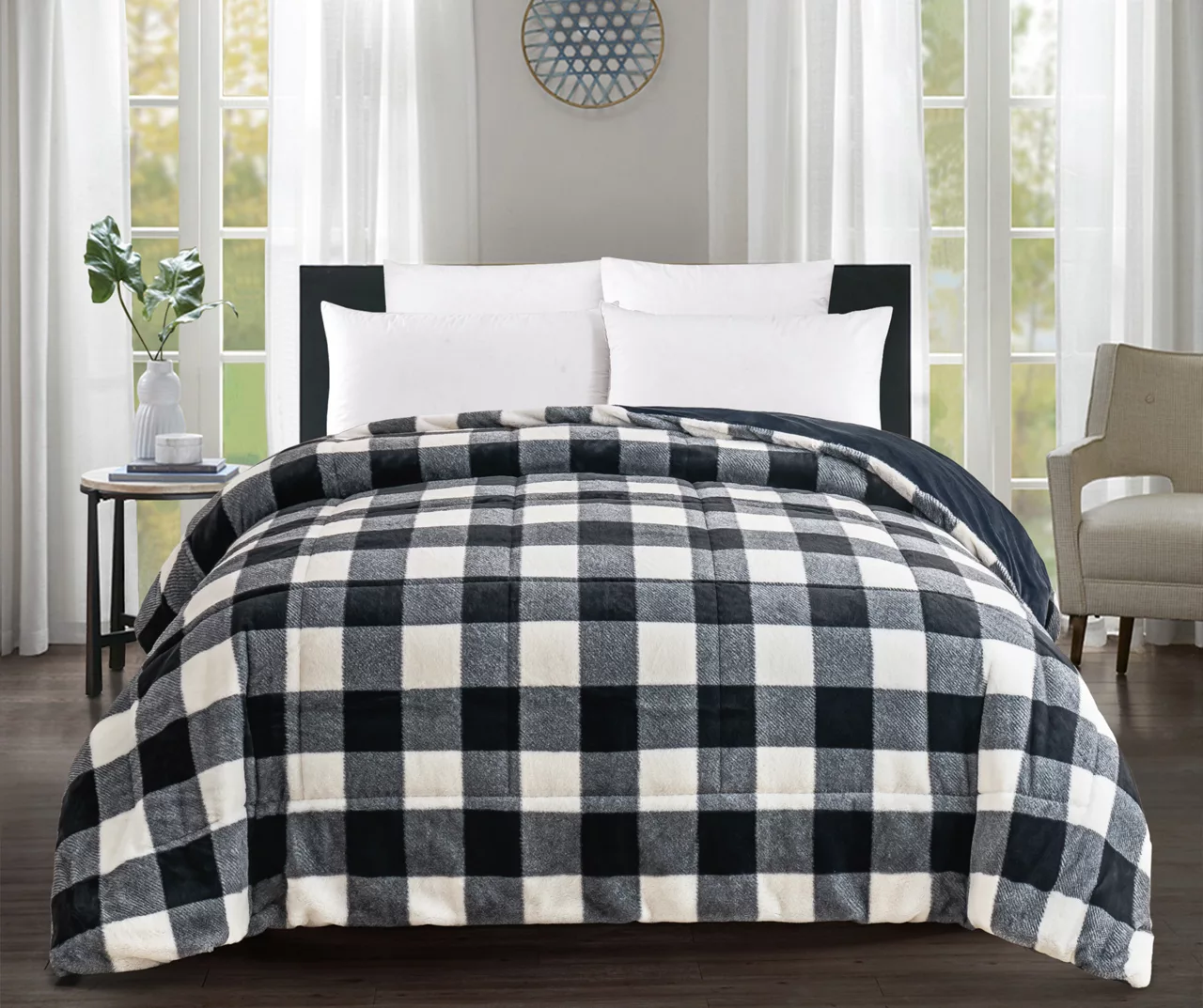 Black & White Buffalo Check Faux Fur King Comforter 1 Black & White Buffalo Check Faux Fur King Comforter