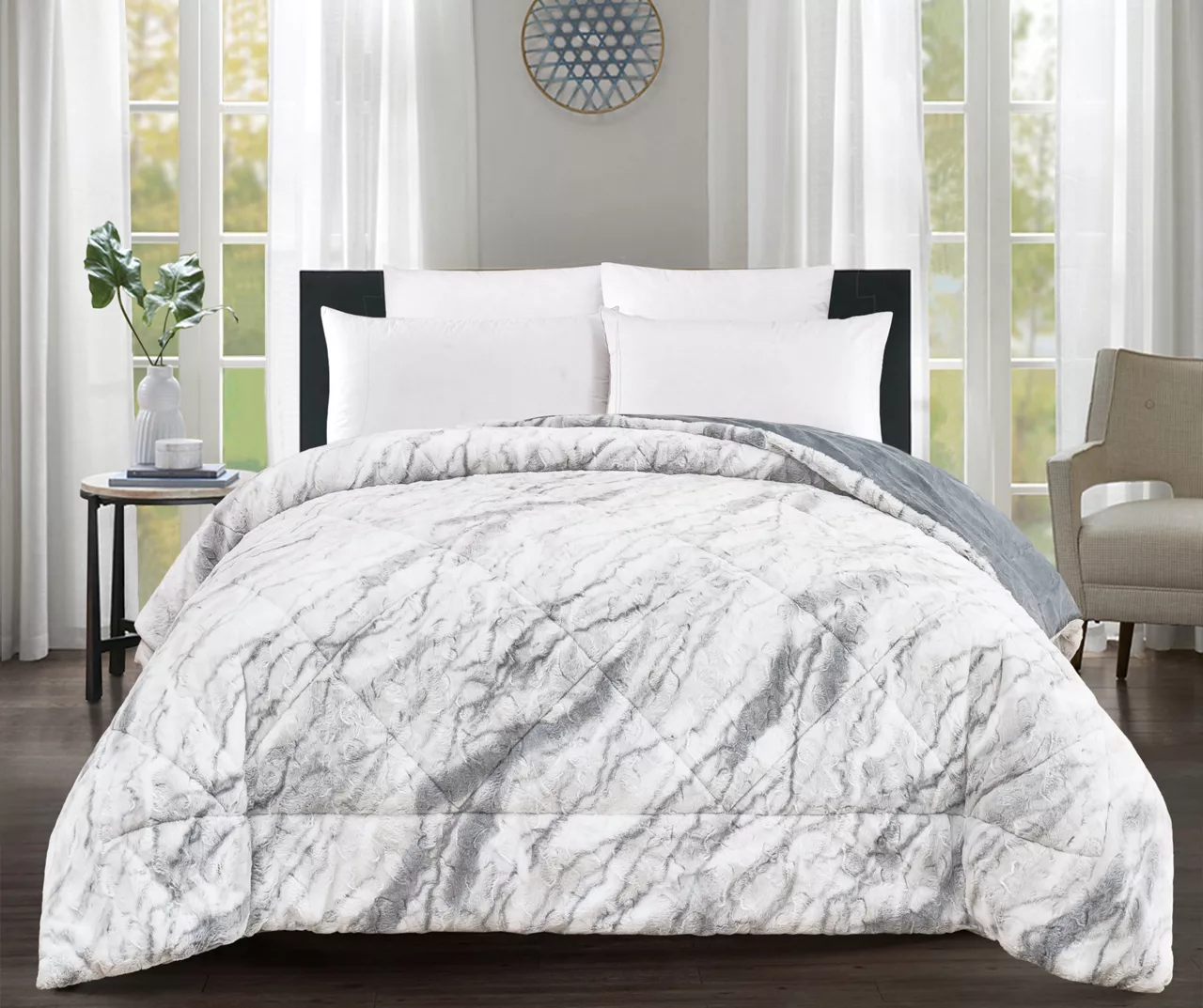 Gray Marble Print Faux Fur King Comforter 1 Gray Marble Print Faux Fur King Comforter